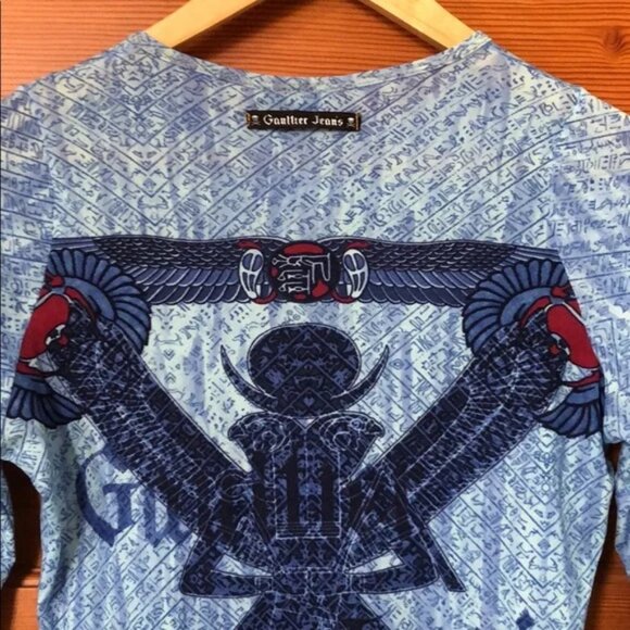 New vintage Gaultier Egyptian scarab mesh semi-sheer Y2K 90's microprint blouse - Picture 13 of 16